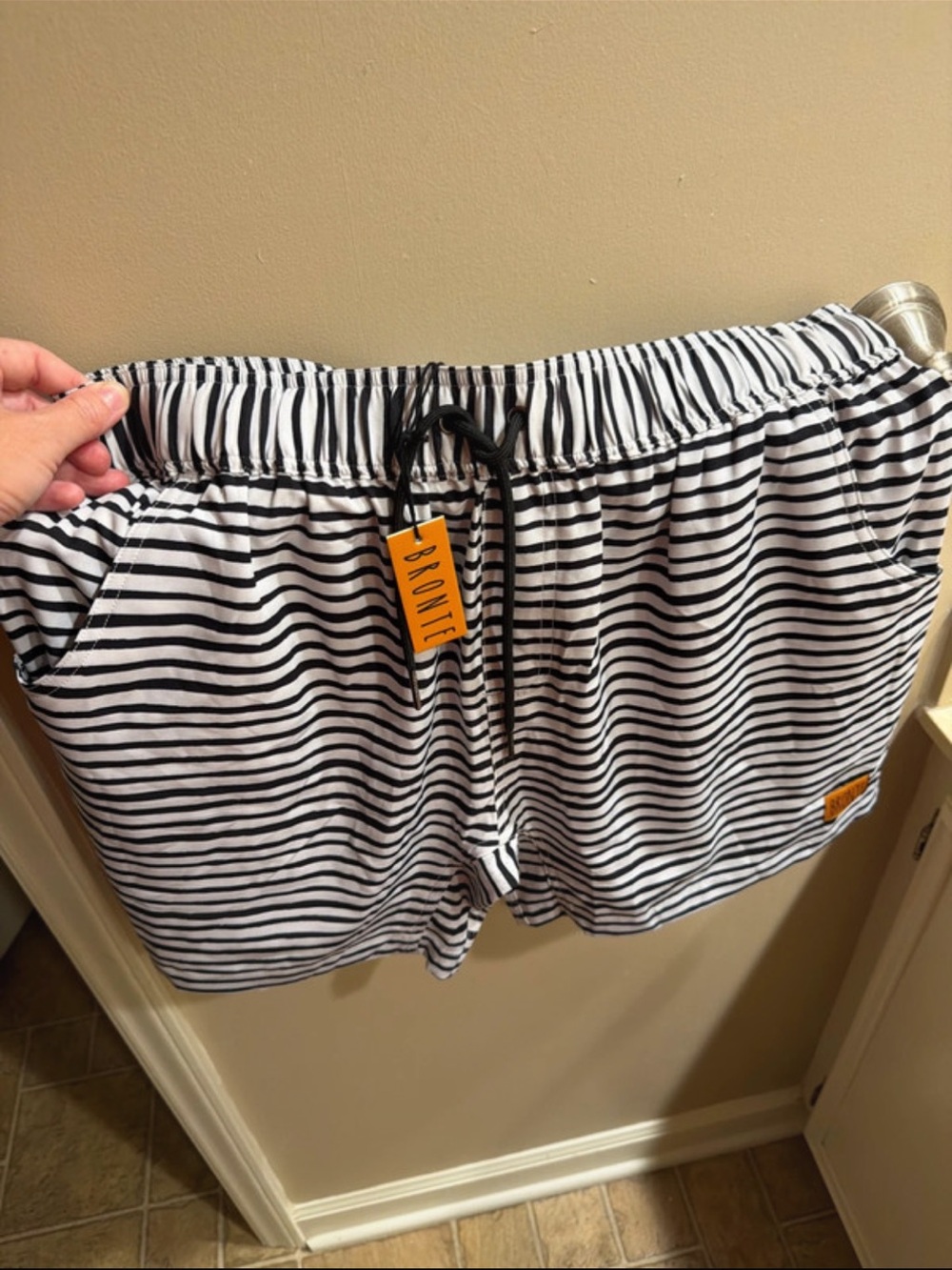 Men's Black & White Striped Swim Athletic Shorts